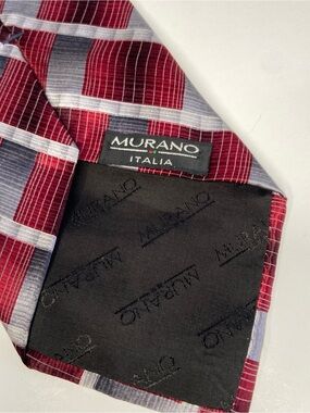 Murano Italia | 100% Silk Tie Burgundy Gray Geometric Checked